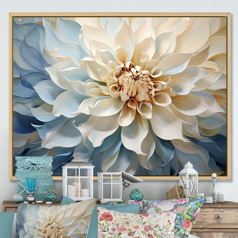 Blanc et bleu fleur de dahlia minimalisme - art mural dahlia, H 34 po x l 44 po x P 1,5 po, Cadre naturel flottant