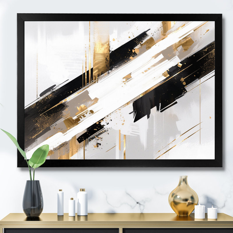 Sripes symétriques or noir II sur toile, Cadre photo noir, H 12 po x l 20 po x P 1 po