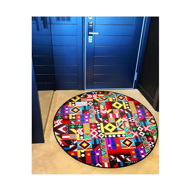 Multicolored Geometric Shapes Detailed Woven Base Modern Decorative Carpet, Round 2'8"