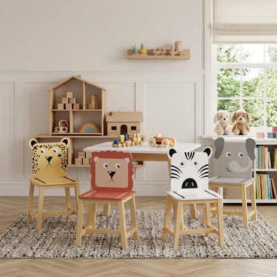 Kids Table and 4 Chairs Set, Wooden Toddler Table Chair Set with Animal‑Pattern Backrest, Children Activity Play Table for Drawing, Reading, Snack Time, Playroom, Nursery