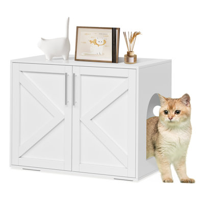 Spacious Hidden Cat Litter Box Enclosure Furniture – Multi-Functional Wooden Cat House End Table – Odor Control, Fits Most Litter Boxes, Washroom Cabinet – Indoor Use – White