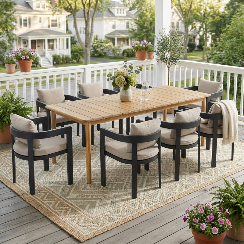 Jerry Outdoor 9-Piece Dining Set With Acacia Wood Table & Aluminum Frame Chairs