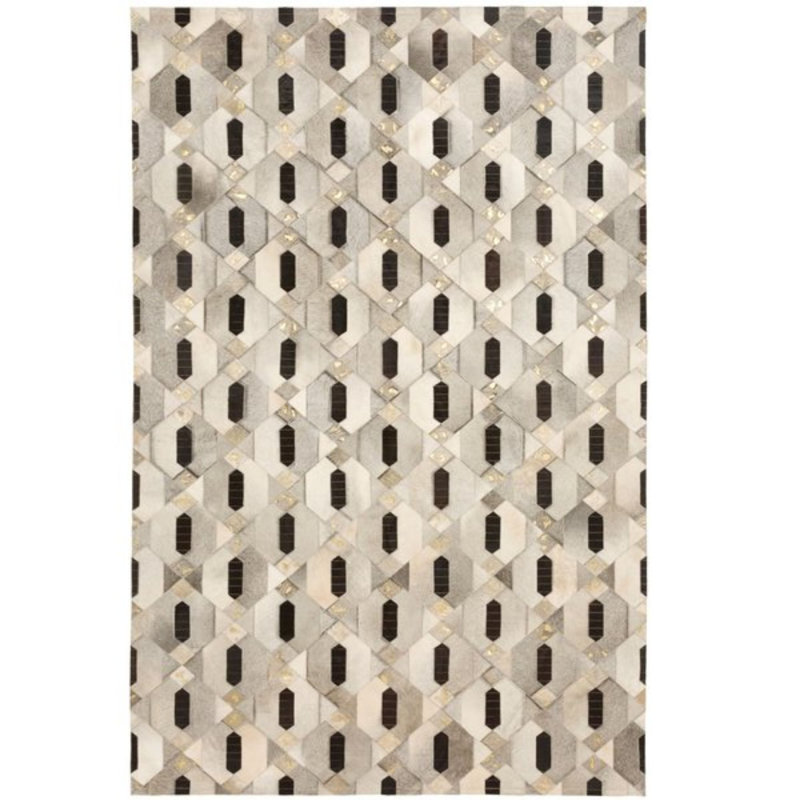 Gris peau de vache géométrique/noir/Tapis décoratif doré, Rectangle 5 pi 7 po x 7 pi 10 po
