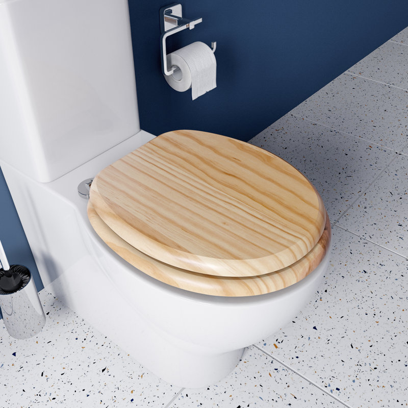 Flexi-Fix Wooden Toilet Seat - Adjustable Hinges with Top & Bottom Fixings Included and Rust Free Chrome Plated Hinge Covers, Antibacterial Treated Surface