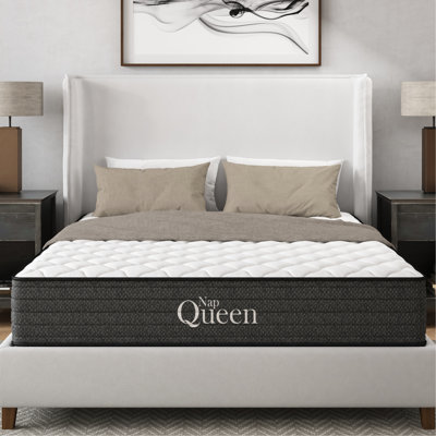 Matelas King de 12 pouces à gel rafraîchissant, pour le soutien de la poitrine et de l'abdomen, soulagement des mouvements, imperméable, couleur gris et blanc, garni de mousse à mémoire de forme et doté d'une structure à ressorts, compatible avec les sommiers articulés.