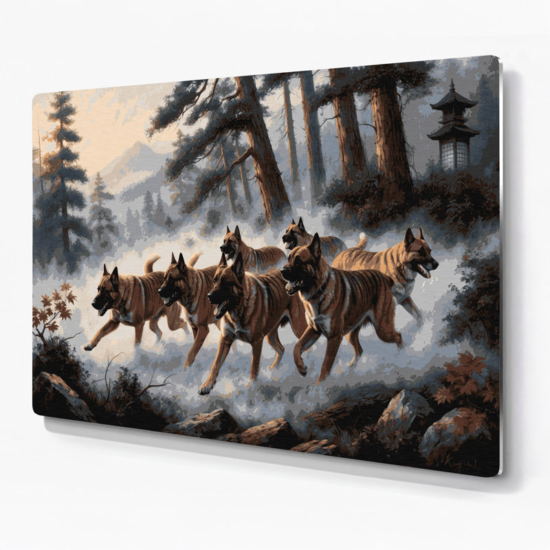 Chiens, art mural gris en métal Kai Ken, H 16 po x l 20 po