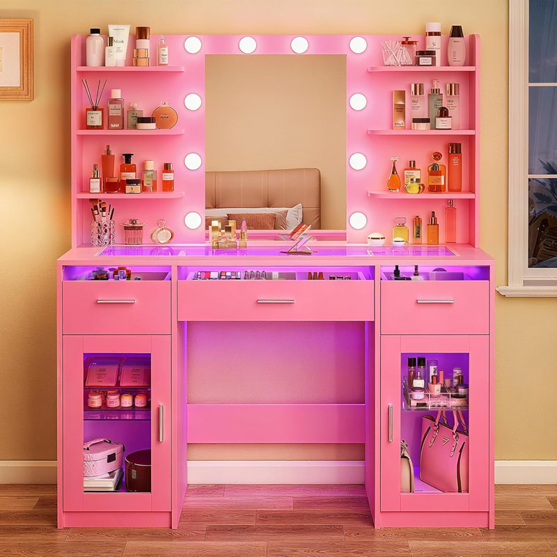 Bureau de maquillage avec éclairage réglable, bureau transparent, prise de courant, Pink