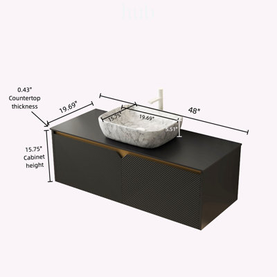 Meuble-lavabo mural de 122 cm (48 po) avec armoire flottante en contreplaqué, portes en sergé, garnitures métalliques et lavabo à motif marbre