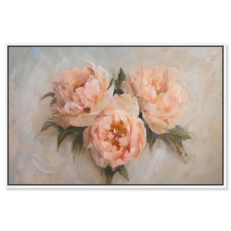 Art floral sur toile rose, H 37 po x l 55 po x P 1,8 po, Cadre flottant blanc