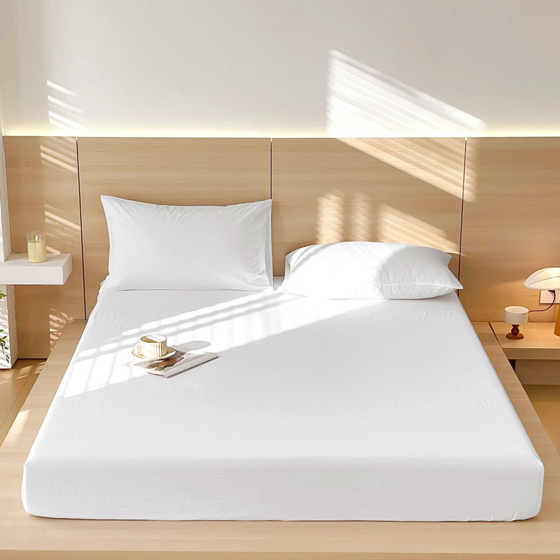 Moomee Fitted Sheet with Pillowcases 3-Piece Set 100% Washed Cotton Linen Like Textured, Bright White