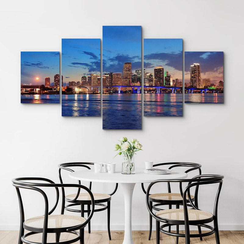 «Architecture Dusk Blue Florida City Buildings», art moderne, impression sur toile 5 pièces