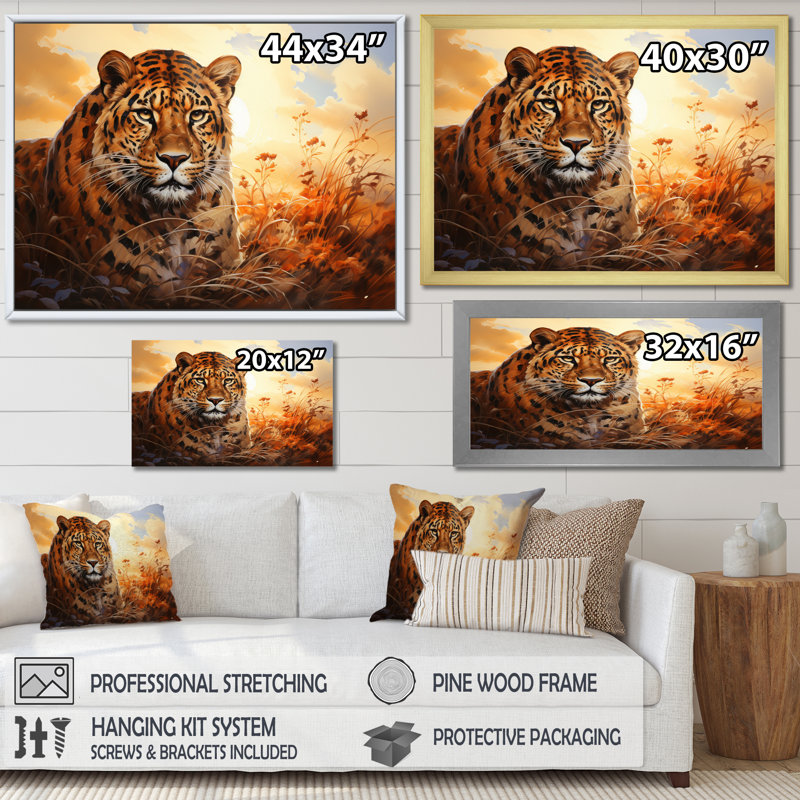Animaux orange léopard sur fond orange, H 12 po x l 20 po x P 1 po, Toile tendue