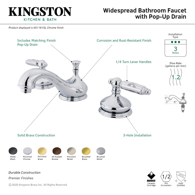 Kingston Brass Georgian Two-Handle 3-Hole Deck Mount Widespread Bathroom Faucet with Brass Pop-Up Drain, Oil Rubbed Bronze