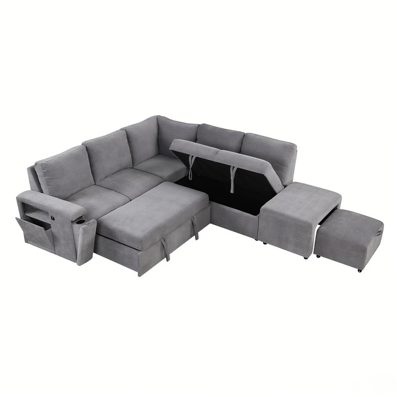 Canapé-lit modulaire rembourré en L avec espace de rangement, ports USB et porte-gobelets sur les accoudoirs, Gris