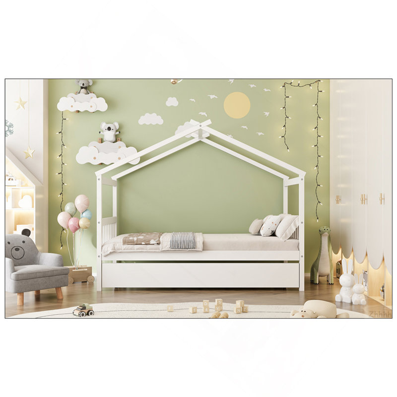 Lit simple en bois avec lit gigogne simple, Twin, White