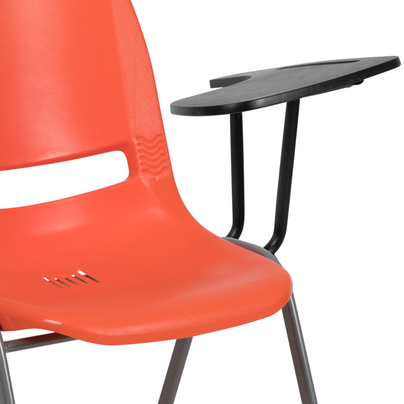 Compact Orange Ergonomic Shell Chair with Flip-Up Tablet Arm