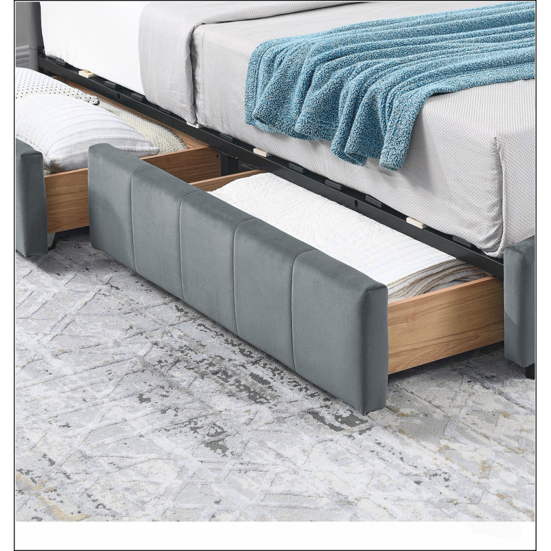Lit double capitonné avec rangement, dossier, accoudoirs et revêtement en velours gris, au design confortable comme un canapé.
