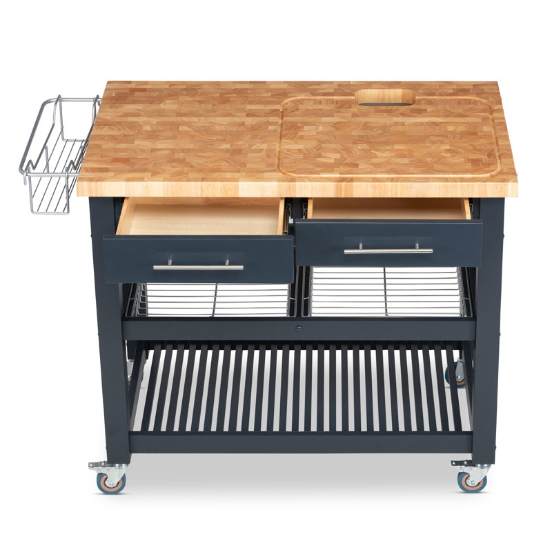 Îlot de cuisine en bois massif 46 po avec plateau de boucher et roulettes verrouillables, Bleu marine minuit