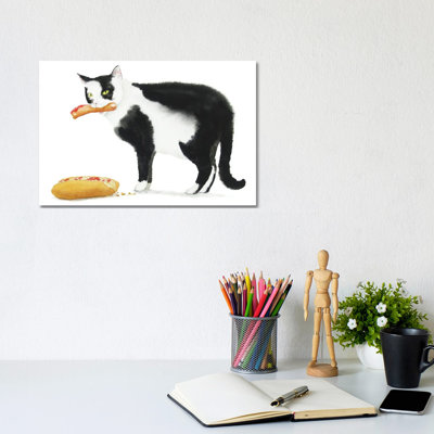 Black Cat And Hot Dog by Alexey Dmitrievich Shmyrov - Wrapped Canvas Print