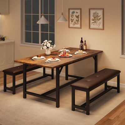 Gaomon Dining Room Table Set For 4-6 – 63" Extendable Kitchen Table With 2 Upholstered Benches, Perfect For Small Spaces And Apartments, Rustic