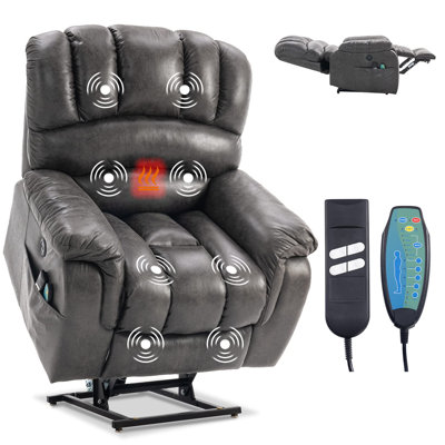 Latitude Run Large Dual Okin Motor Lay Flat Sleeper Lift Recliner Chair With Heat & Massage For Elderly, Infinite Position Electric Power Recliner With 2 Remote Controls, Side Pockets & Usb Ports