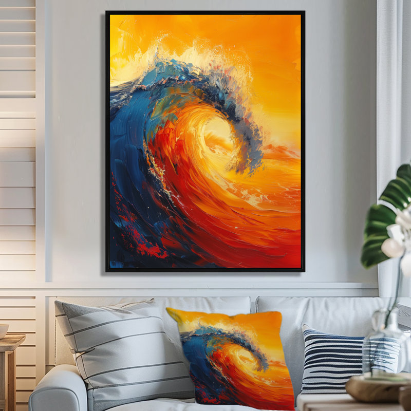 Décoration murale orange vagues bleues merveilleuses - vagues côtières, Toile avec cadre flottant noir