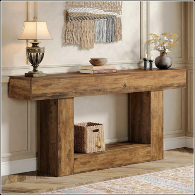 Farmhouse Console Table With Storage – 2-Tier Rustic Entryway Sofa Table Behind Couch, Narrow Hallway Accent Table With U-Shaped Base