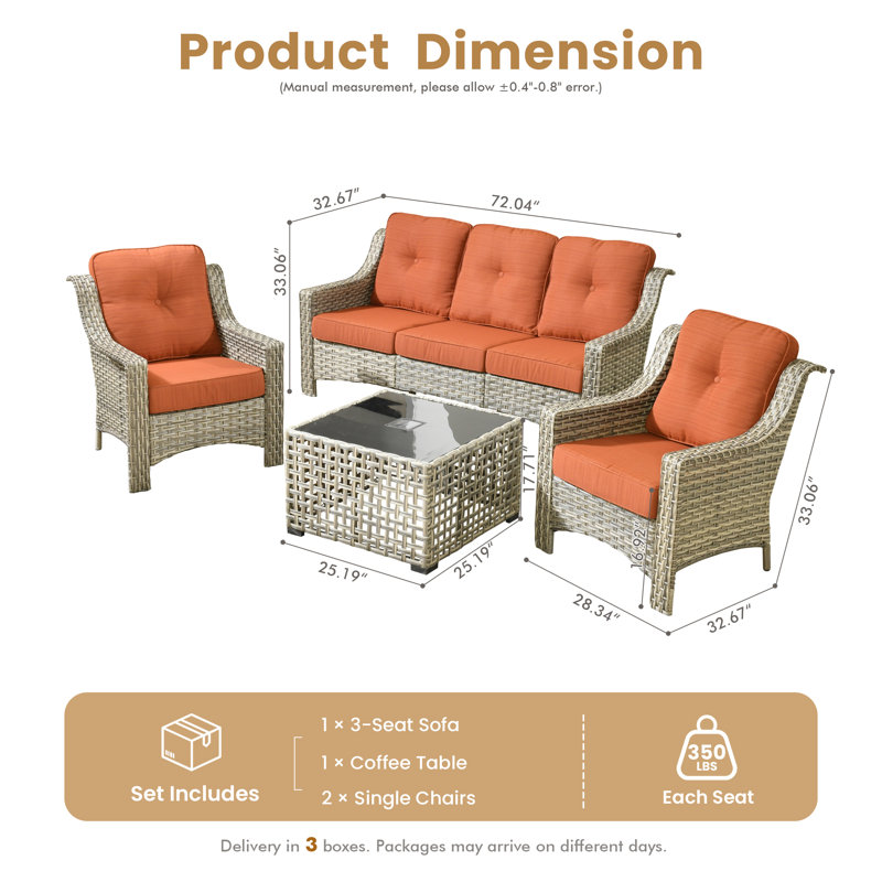 Ensemble de conversation d'extérieur en osier pour 5 personnes, ensemble de canapé de patio avec table basse éclairée et coussins