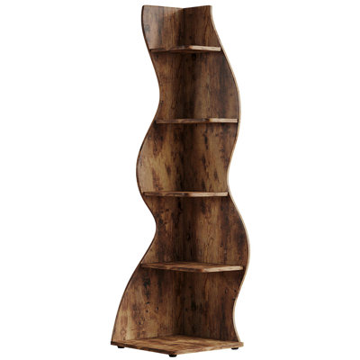 69.8"Height 5-Tier Wavy Brown Corner Bookshelf And Plant Stand For Living Room Small Space