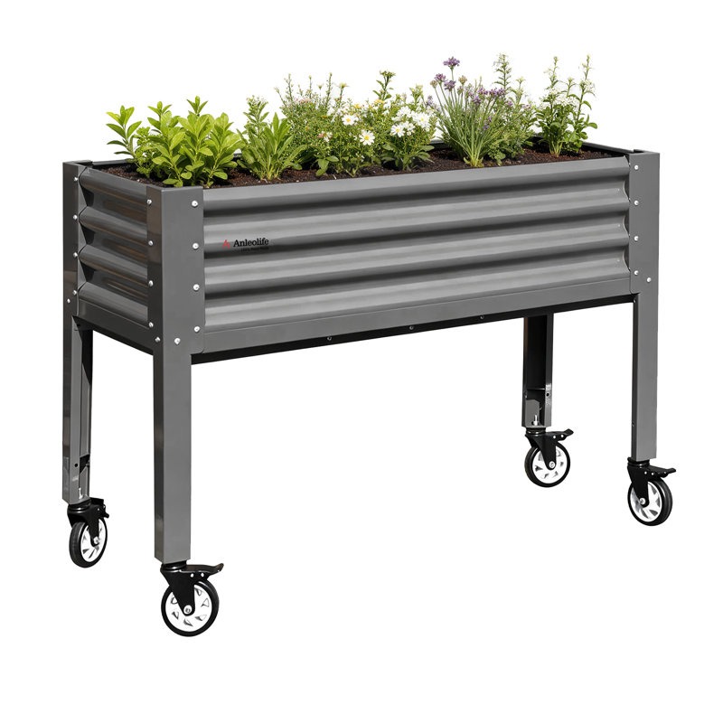 Galvanized Raised Garden Bed With Legs,48X24X35In Large Elevated Planter Box On Wheels With Drainage Holes, Gray