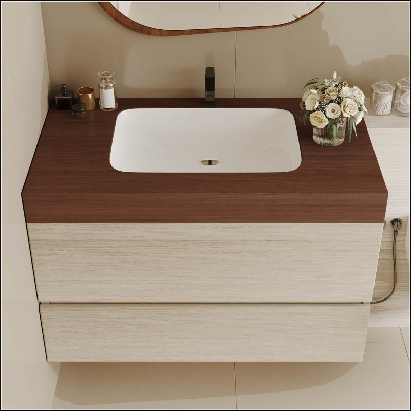 Meuble-lavabo mural 29,9 po avec plateau en faux marbre et tiroirs, Wood, Walnut