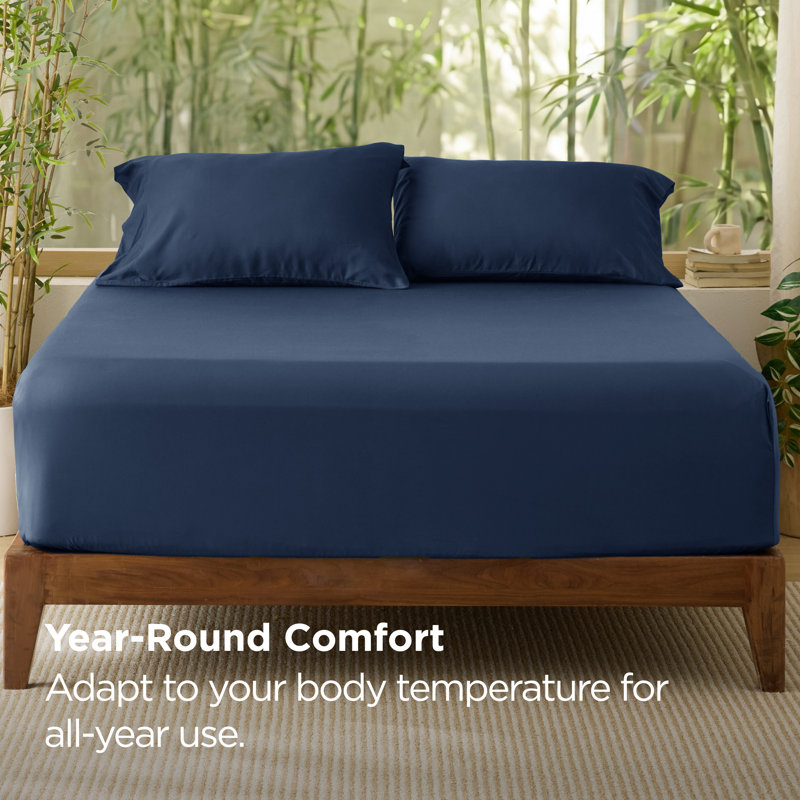 Bedsure 100% Rayon From Bamboo Cooling Fitted Sheet, Breathable PureWoven Bed Sheet for Hot Sleepers with Deep Pocket, Blue