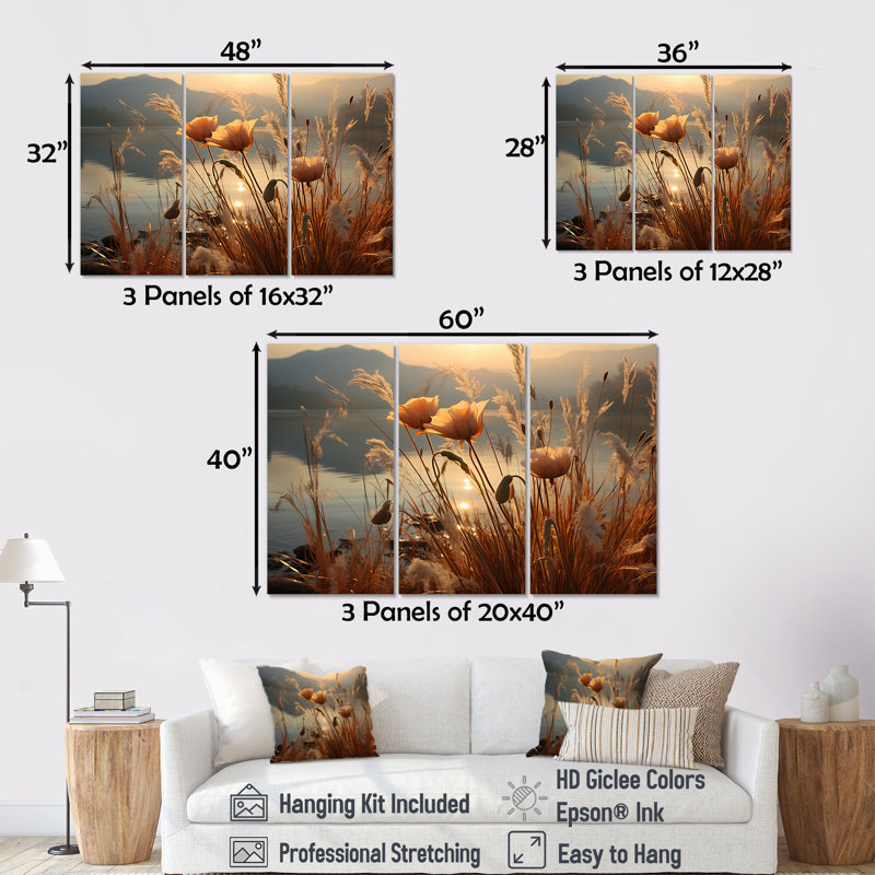 Coucher de soleil sur les fleurs sauvages - ensemble d'art mural fleurs sauvages, H 28 po x l 36 po x P 1 po