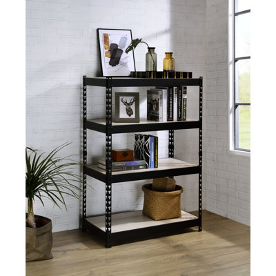 Bibliothèque à 4 niveaux, naturelle et noire, rectangulaire avec structure ouverte en métal, tablettes réglables, unité de rangement pour armoire industrielle et bibliothèque noire, présentoir à cadre