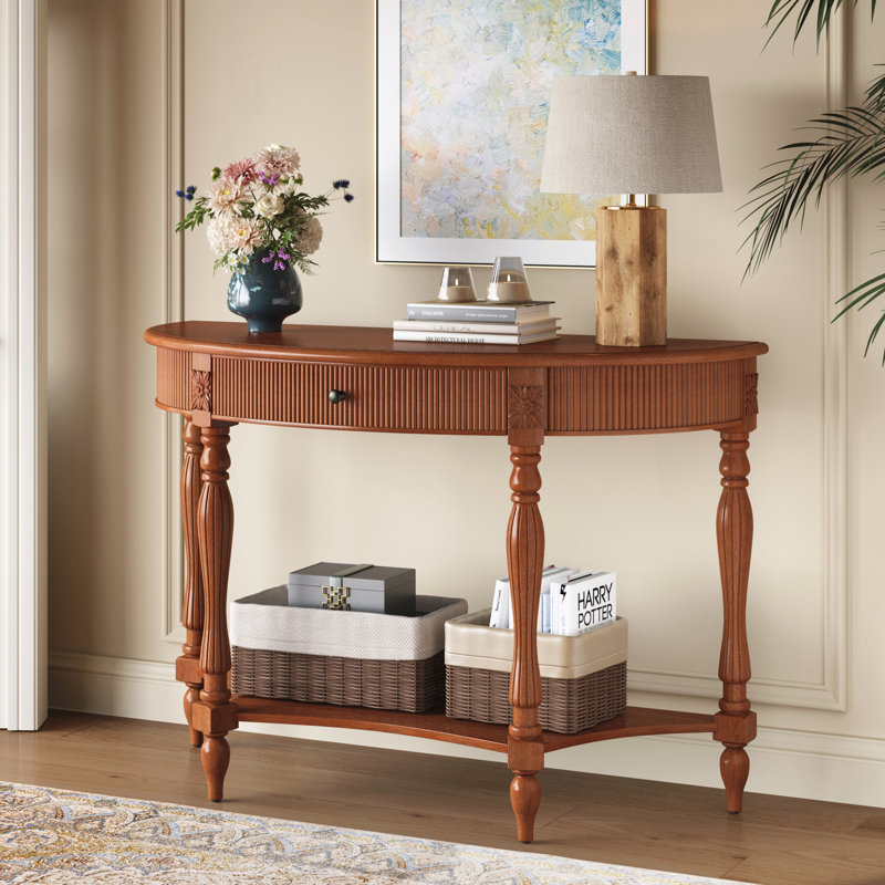 Console demi-lune avec tiroir et tablette, Rustic Brown, Brun rustique, Rustic Brown