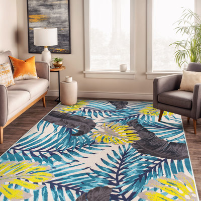 Contemporary Tropical Floral Leaves Non Slip Area Rug