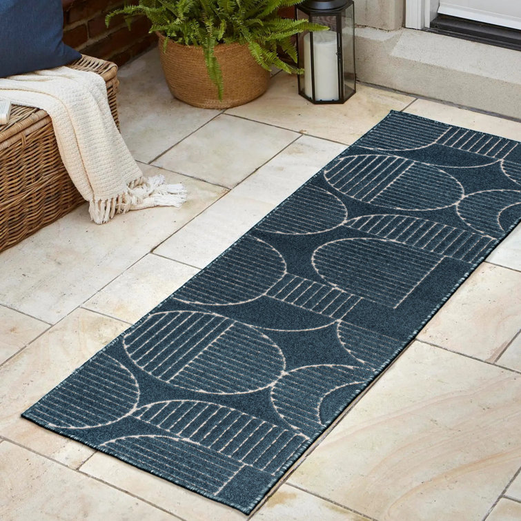Nordby High-Low Geometric Arch Scandi Striped Navy/Cream Indoor/Outdoor Rug