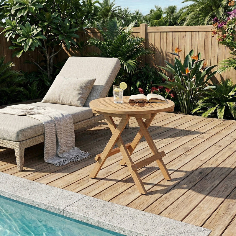 Table d'appoint pliante ronde en teck massif - Table de bout pour patio intérieur et extérieur
