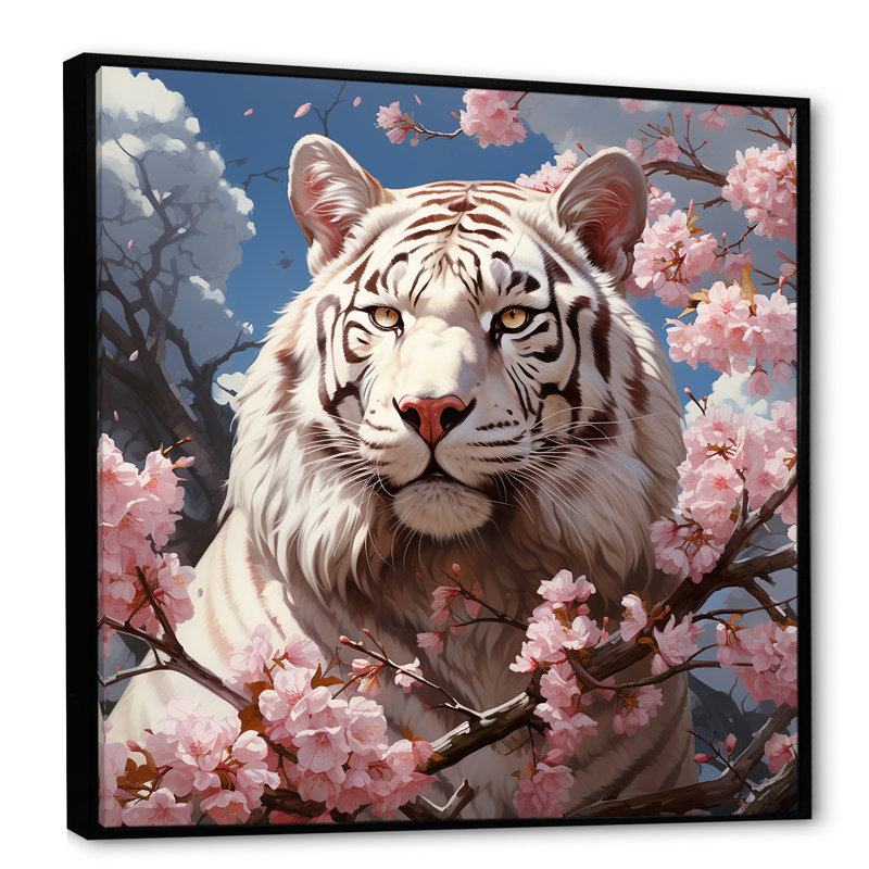 Fleur rose rose, tigre blanc II, art mural tigre, Cadre flottant noir, 36" H x 36" W