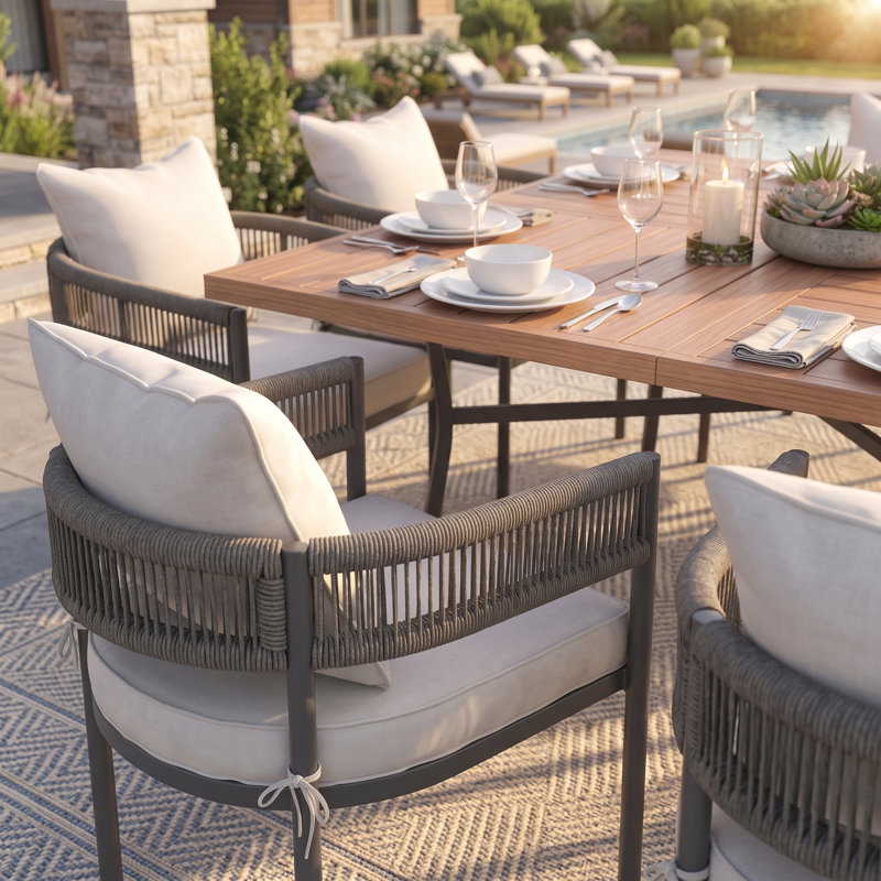 Ensemble de salle à manger carré pour patio 8 personnes avec table de 150 cm et 8 chaises en rotin avec coussins et oreillers