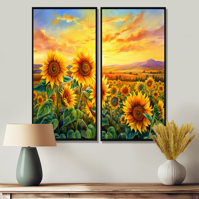 Sunflowers Burning Sunset - impressions d'art traditionnelles sur toile, H 32 po x l 32 po, Noir