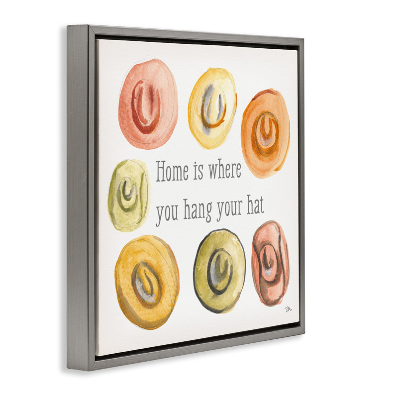 "Hang your Hat phrase", art mural sur toile flottant gris par Jessica Mingo, H 18 po x l 18 po, Cadre flottant gris lustré