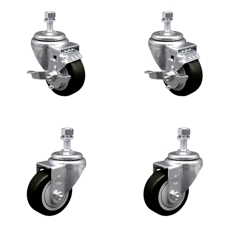 Ensemble de roulettes à tige filetée en polyuréthane pivotant de 3 po ½ pouce et 2 freins, Noir