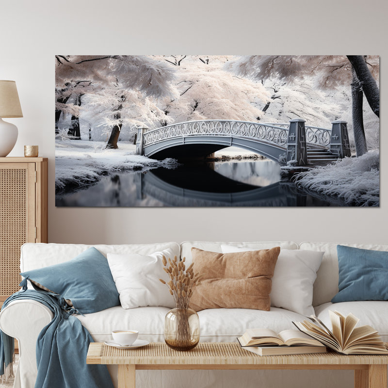 Pont blanc en hiver II - reproduction sur toile, Toile tendue, H 28 po x l 60 po x P 1,5 po