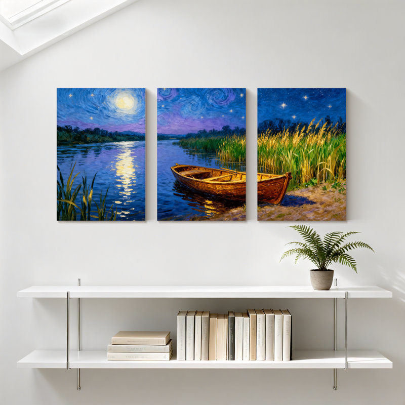 Abstrait nuit étoilée rivière, paysage de bateau, ensemble de 3 reproductions d'art sur toile, H 24 po x l 48 po