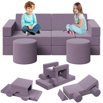 Kids 13-Piece Modular Play Couch, Convertible Foam Toddler Sofa Set with Removable Washable Velvet Covers, Buildable Fort & Floor Chair for Playroom or Living Room
