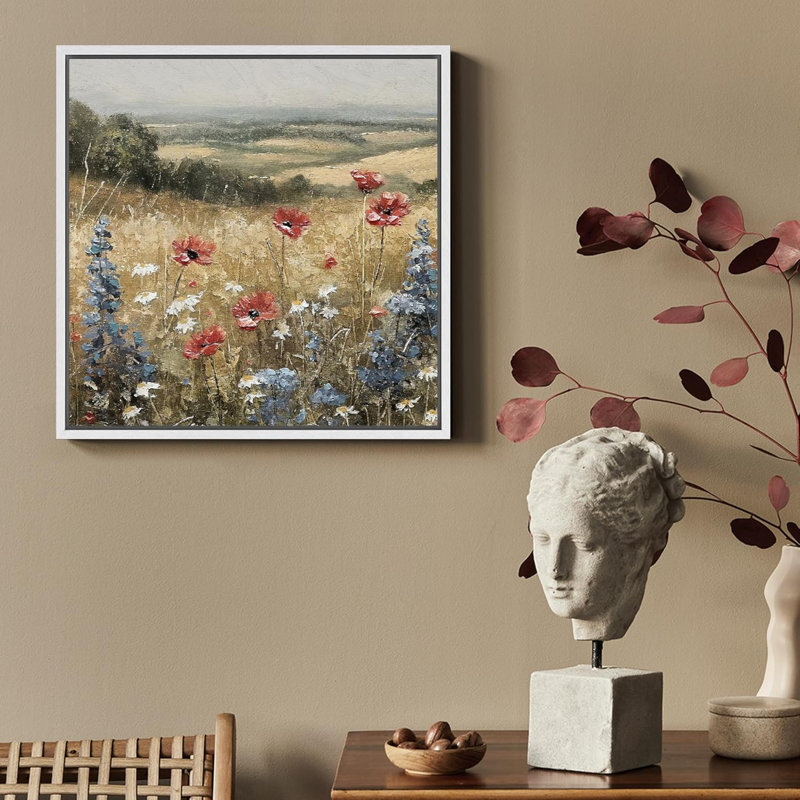"Rustic Countryside Relax Calm Landscape Nature Wildflowers", art mural sur toile encadré, Reproduction avec cadre flottant