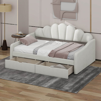 Full Size Upholstered Daybed With 2 Drawers, Wood Daybed With Shall Shaped Backrest