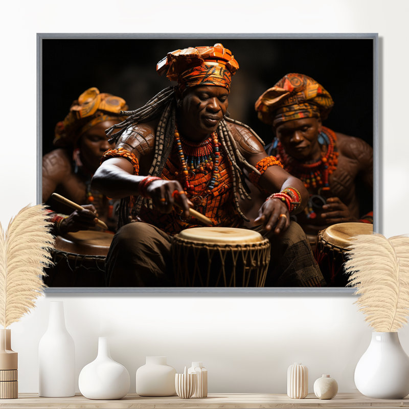 Tambour africain rythmique II - art mural africain, H 16 po x l 32 po x P 1 po, Encadrement argenté