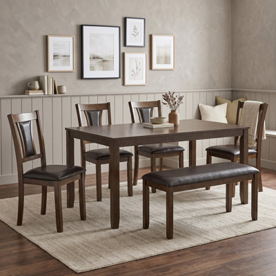 6-Piece Rustic Dining Table Sets with RectangularTable, 4 Upholstered Chairs and Bench for 6